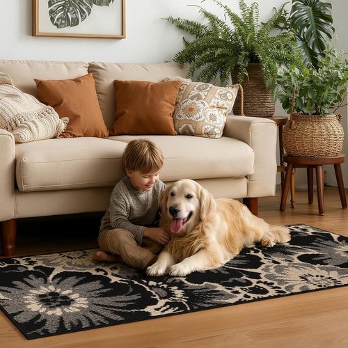 Findosom Hallway Runner Rug - Non-Slip High-Low Textured Floral Design | Washable 2x8 Boho Carpet in Black & Beige