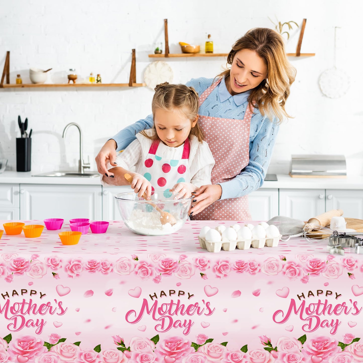 QZYL 3 Pack Mothers Day Table Cloths, 108" x 54" Mother's Day Decorations, Plastic Pink Disposable Table Decor with Roses Floral Flowers, Waterproof Rectangular Tablecloth for Best Mom Party Supplies