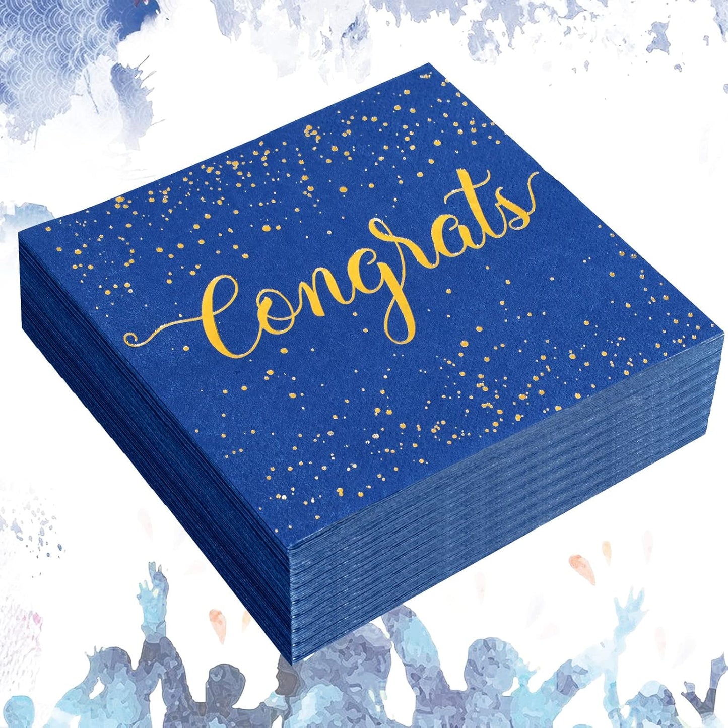 Whaline Graduation Cocktail Napkins - 80 Pack Blue & Gold Foil Congrats Design | Disposable Party Decor