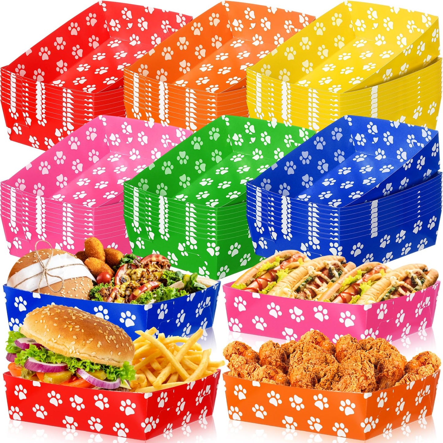 Mifoci 48 Pcs Dog Paw Print Food Trays 5 lb Large Puppy Theme Birthday Party Paper Plates Food Boats Disposable for Snack Burger Fries Party Supplies(Bright Color,Fun Style)