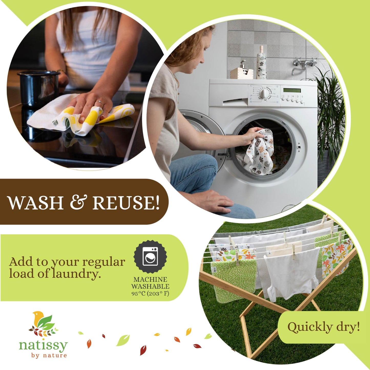 Natissy 10-Pack Organic Cotton Reusable Paper Towels, Washable Roll, Washable Cloth Paper Towels, Fabric Paperless Towels for Kitchen, Reusable Paper Towel Replacement Cloth Alternative