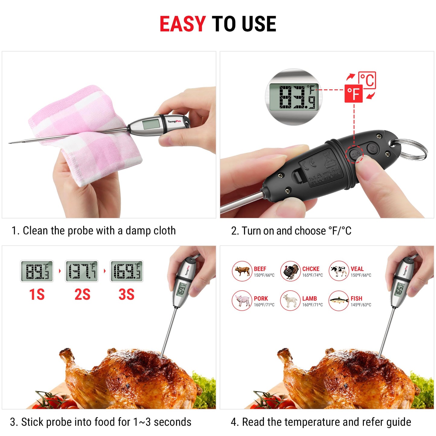 TempPro TP02S Digital Food Thermometer for Cooking Bread Baking Sourdough Liquids, Meat Thermometer Digital with Super Long Probe for Kitchen BBQ Yogurt Candy Making Accessory (Previously ThermoPro)