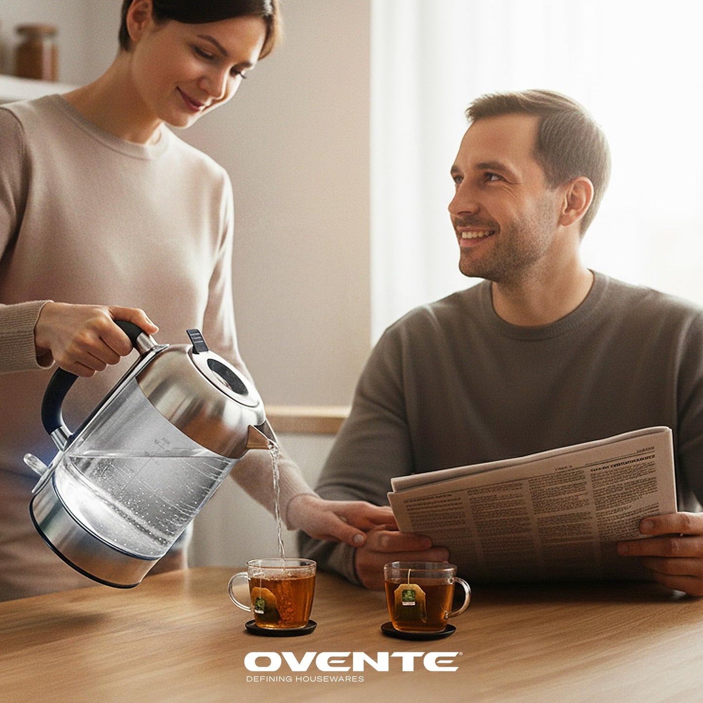 OVENTE Electric Kettle, 1500W No Plastic 1.8L Tea Kettle and Hot Water Boiler For Coffee or Tea, Easy to Fill Lid, Automatic Shut-Off, Borosilicate Glass with Stainless Steel Spout, Silver KG71S