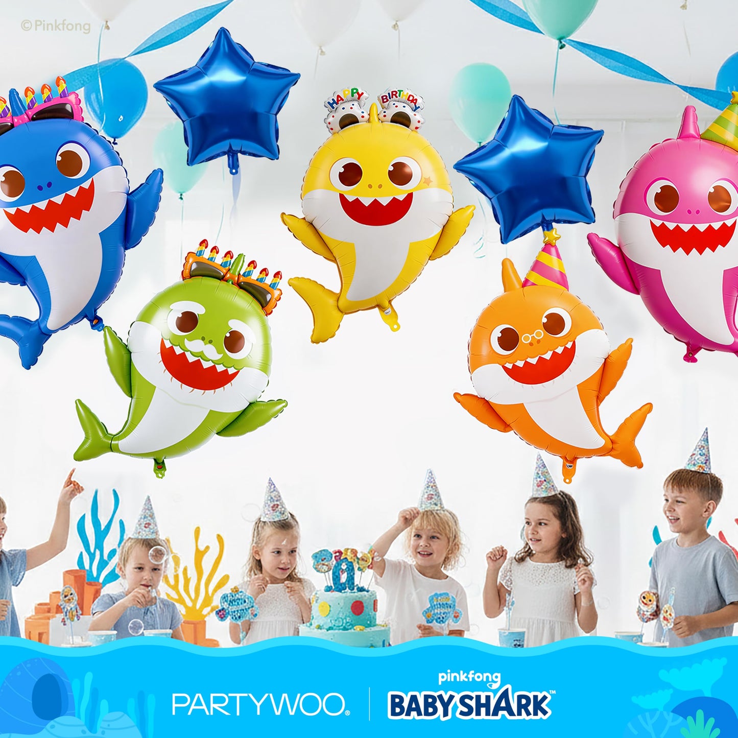 PartyWoo Baby Shark Family Foil Balloons 13pcs Baby Shark Family Blue Round Star Mylar Happy Birthday Banner Letter Balloons for Boys and Girls Under the Sea Kids Birthday Party Decorations