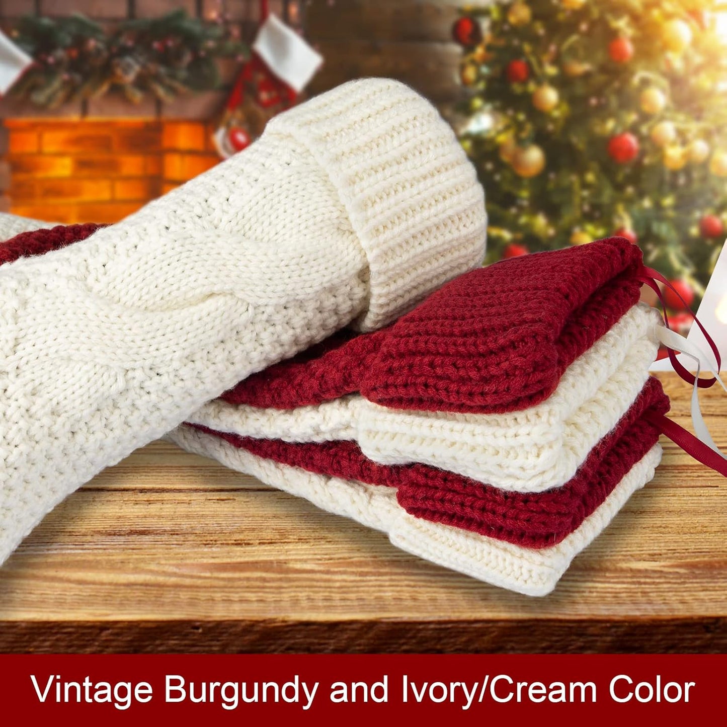Burgundy & Ivory Knit Christmas Stockings - 14" - Set of 2 Holiday Decor