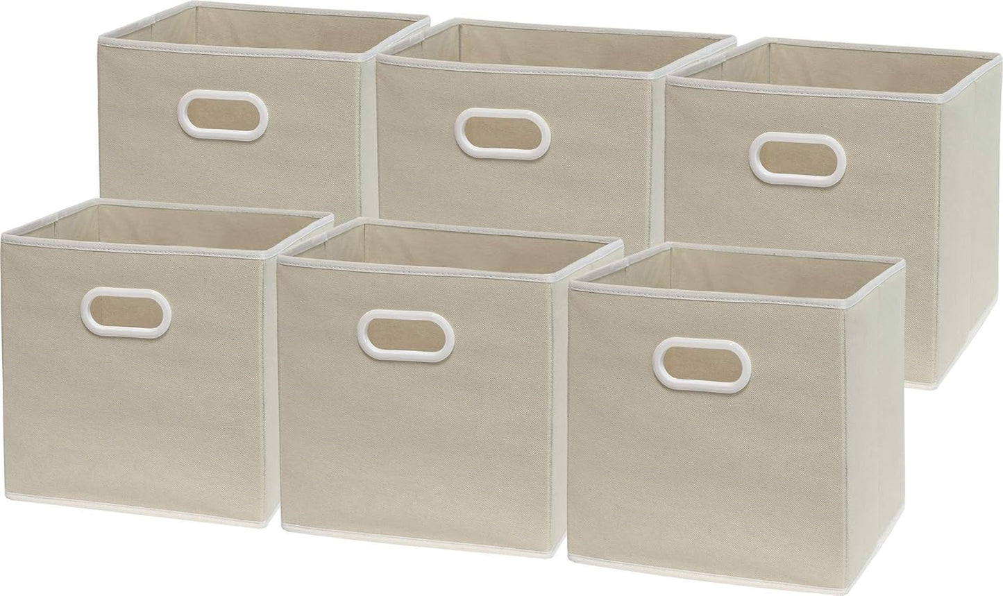 Simple Houseware Foldable Cube Storage Bins - 11-Inch Beige Fabric Organizers | 6-Pack with Handles