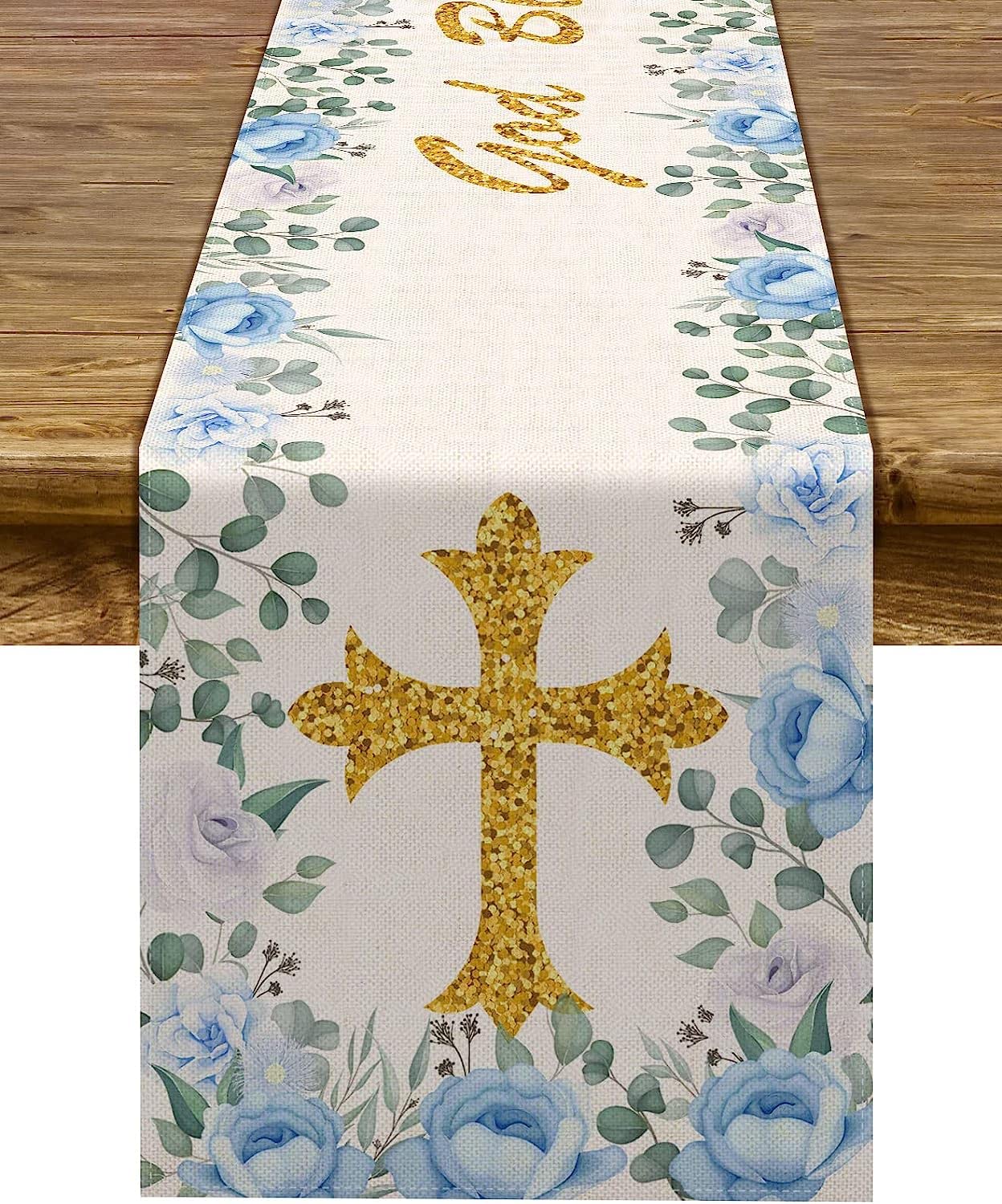 Pudodo Boy Baptism Table Runner God Bless First Holy Communion Christening Baby Shower Party Kitchen Dining Home Decoration (13" x 72", Blue)