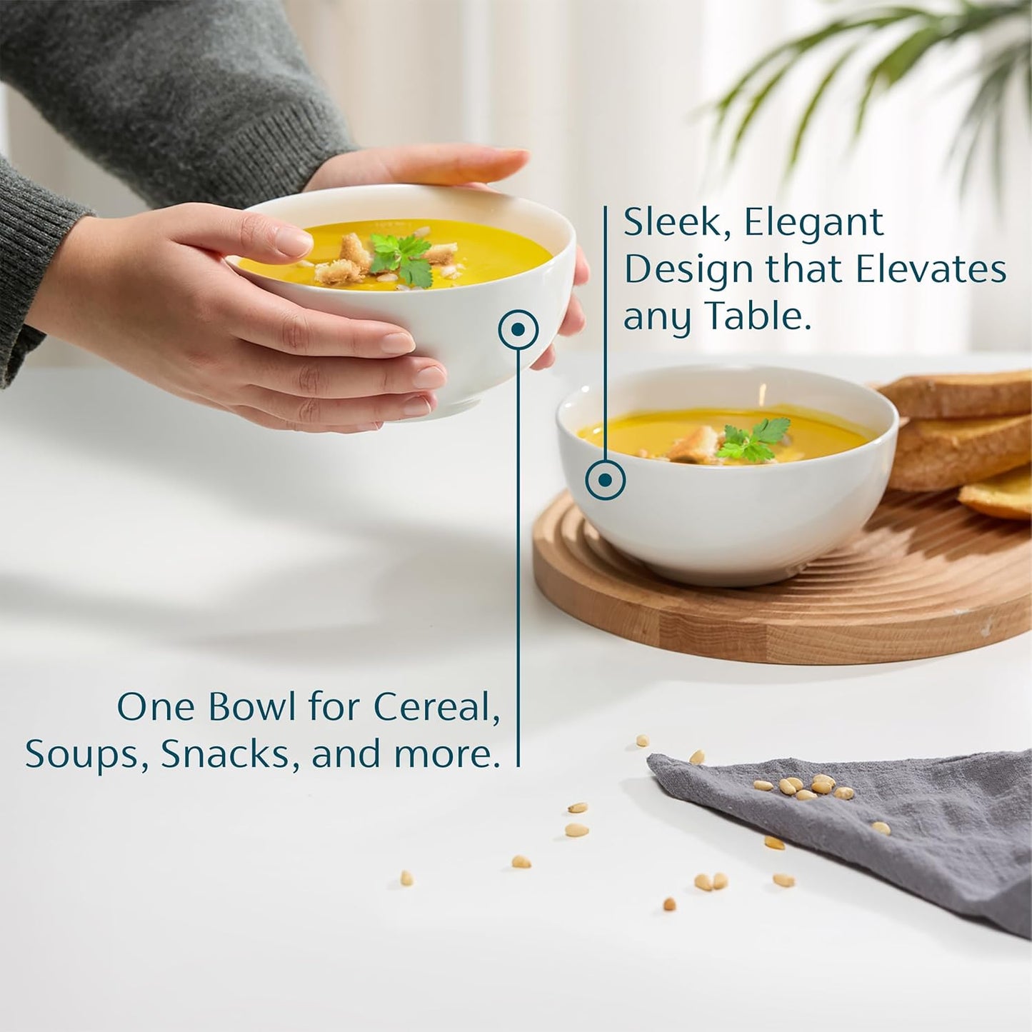 KooK Ceramic Cereal Bowls - Microwave & Dishwasher Safe Porcelain Dishes | 24 oz, Set of 6, Marshmallow White