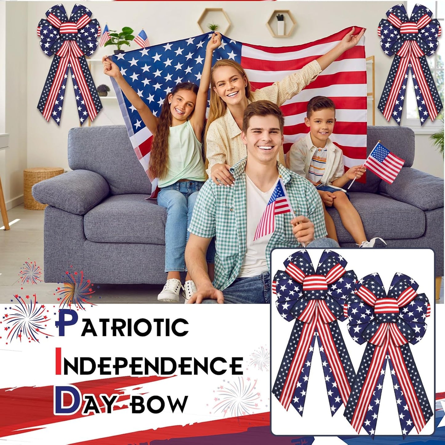 Riceshoot Patriotic Burlap Bows - 4th of July Tree Topper | USA Red, White & Blue Stars - 2 Pcs Set