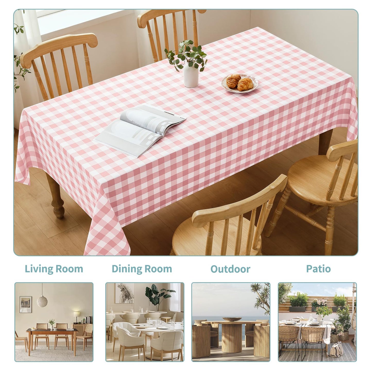Veblandy Checkered Tablecloth Rectangle Waterproof Gingham Table Cloth Washable Buffalo Plaid Table Cover Wrinkle Free for Kitchen, Dining and Outdoor Picnic, 52 x 70 Inch, Pink and White