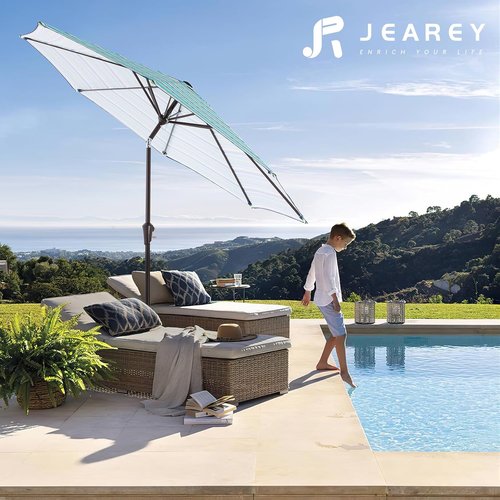 JEAREY 9FT Outdoor Patio Umbrella - UV Protection, Waterproof, Push Button Tilt & Crank | Blue Green Stripe