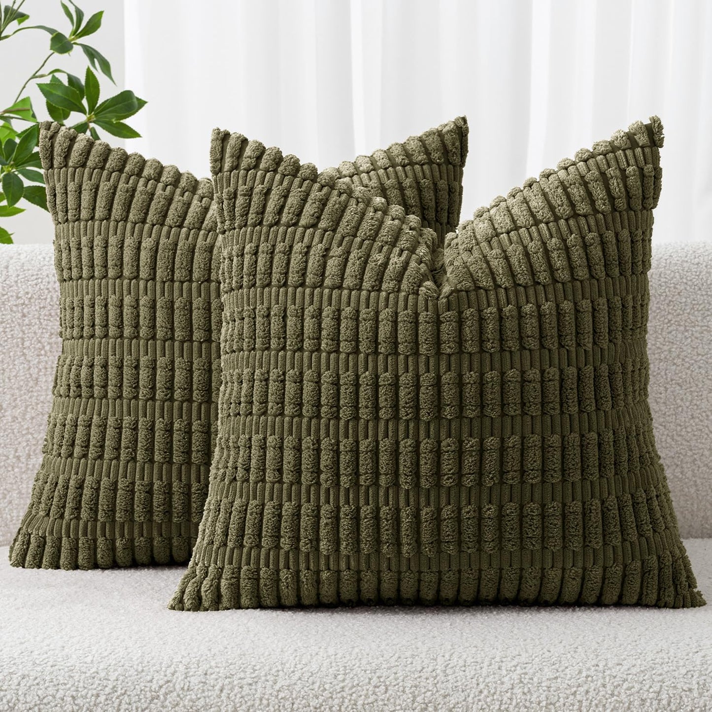 MIULEE Decorative Throw Pillow Covers - Pack of 2 Soft Boho Striped 20x20 Inch for Modern Farmhouse Decor - Olive Green