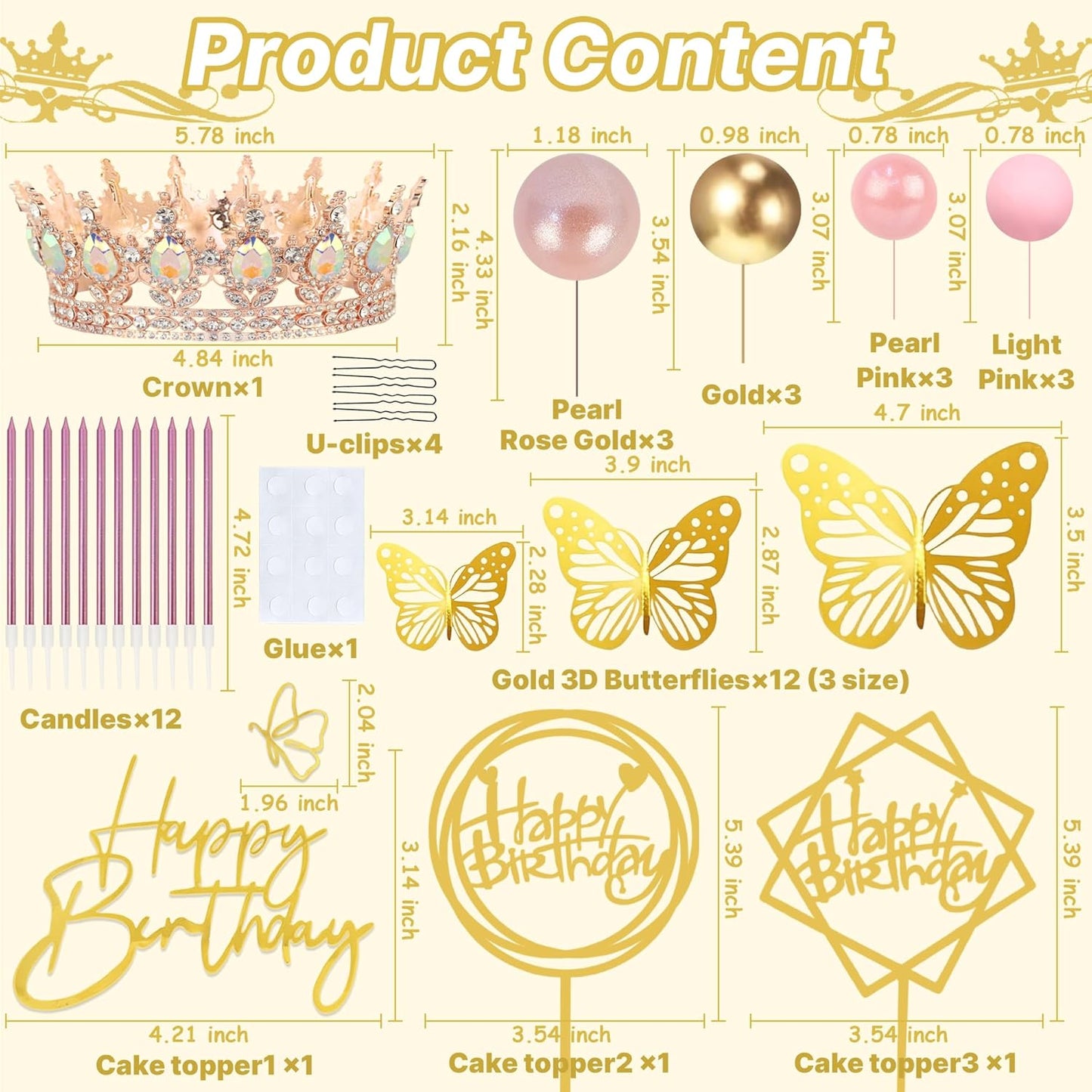 AMZVALU Crown Cake Topper Set - 3 Happy Birthday Decorations with Rose Gold Butterflies & Candles