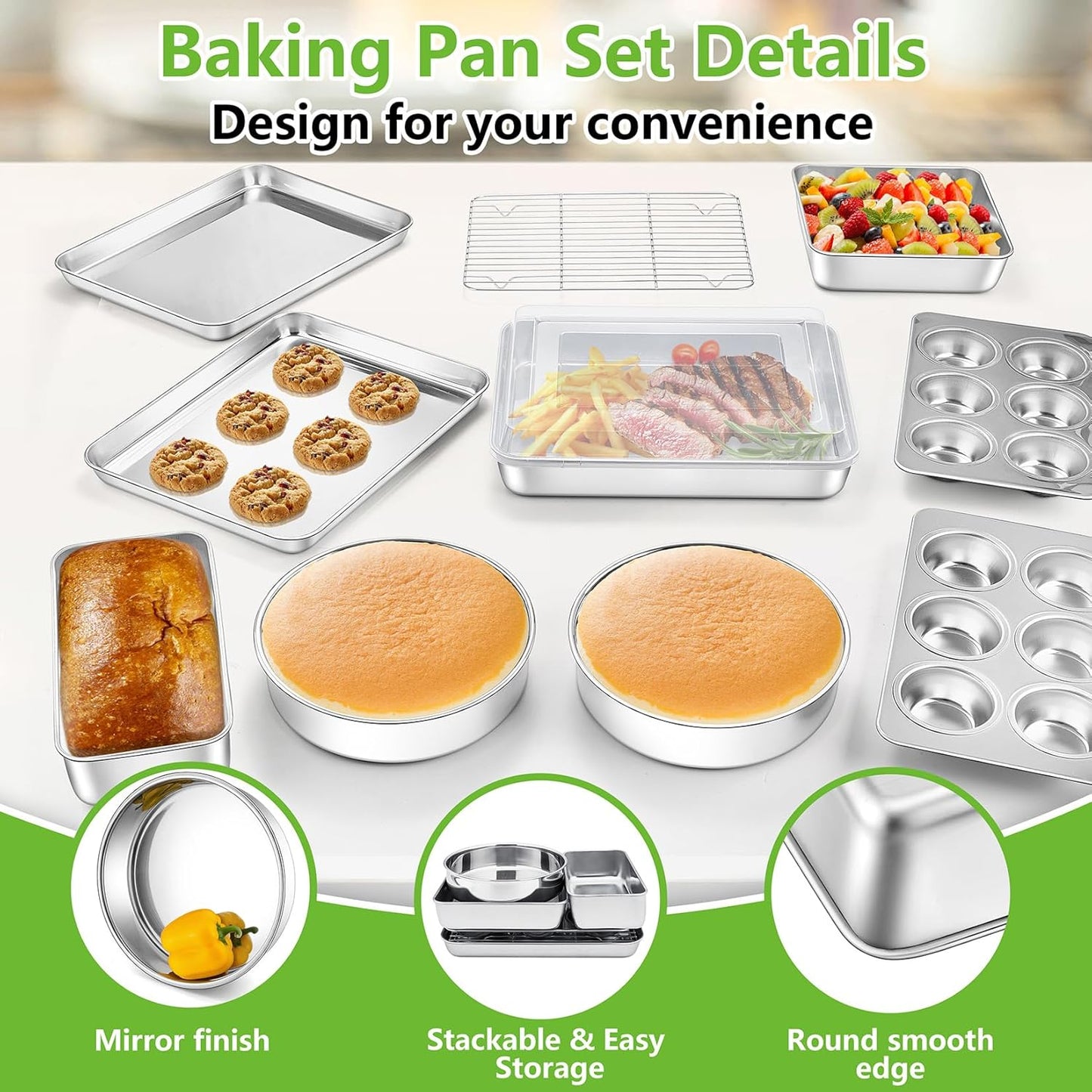 P&P CHEF Stainless Steel Bakeware Set - 11-Piece Baking Pans with Rack, Lasagna Pan, Cake Pans & More