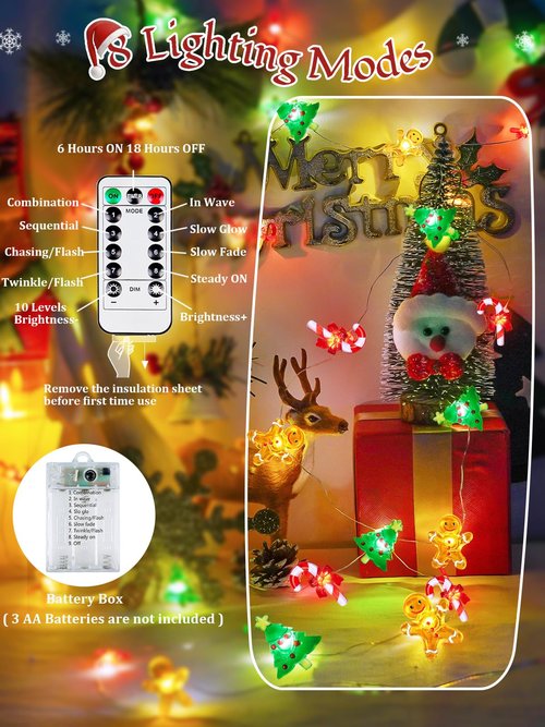 Christmas String Lights Decoration, 10ft 30LED Christmas Tree Gingerbread Man Candy Cane Fairy Lights Battery Operated with Remote, 8 Modes & Timer, Twinkle Light for Home Party Indoor Outdoor Decor