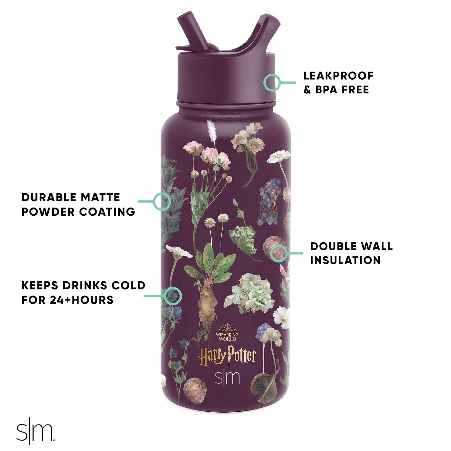 Simple Modern Harry Potter Water Bottle with Straw Lid Insulated Stainless Steel Metal Thermos | Gifts for Women Men Reusable Leak Proof Flask | Summit Collection | 32oz Harry Potter Herbology