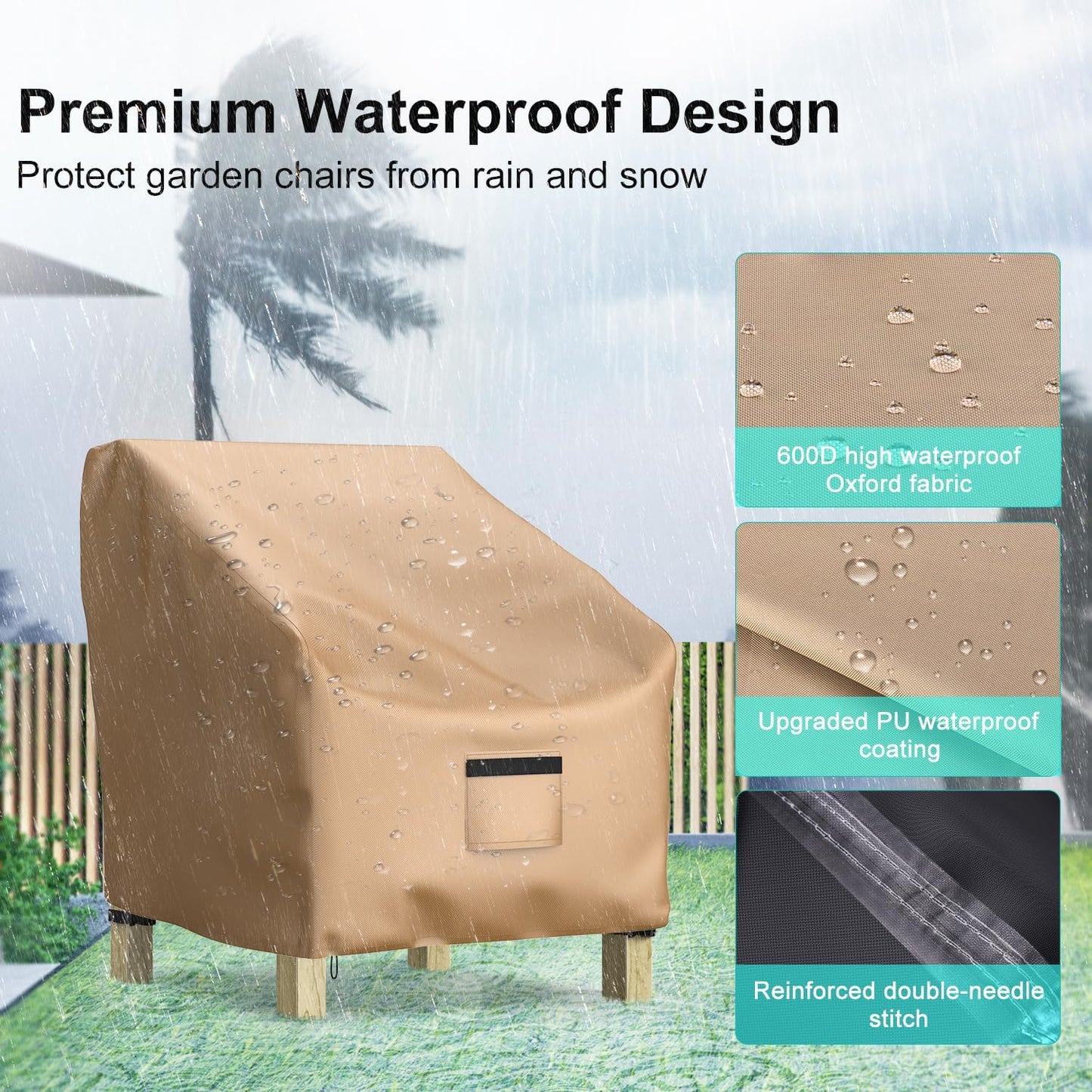 Patio Chair Covers - Waterproof 600D Heavy Duty Oxford Cloth | Large Lounge Deep Seat 33" W x 31" D x 31" H - Brown