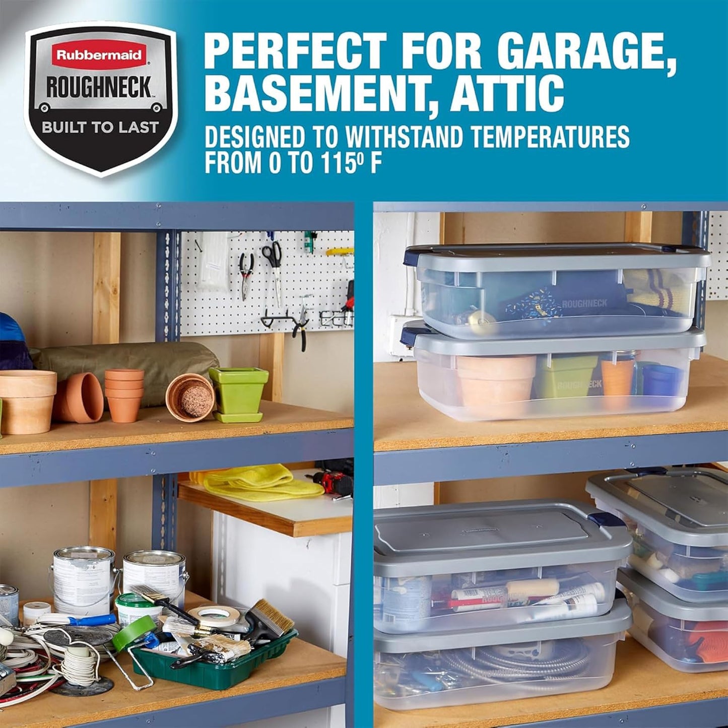 Rubbermaid Roughneck 31 Qt Storage Containers - Pack of 6 with Snap-Fit Grey Lids | Sturdy & Stackable