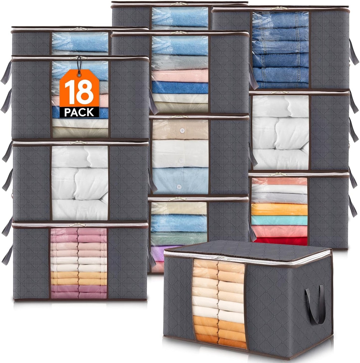 Lifewit 60L Clothes Storage Bins - 18 Pack Foldable Bags with Zippers & Clear Window for Easy Organization