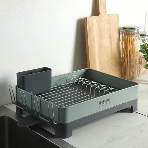 Gibson Home Nestcraft Full-Size Dish Rack - Rust Resistant with Drain Board & Flatware Caddy | Green