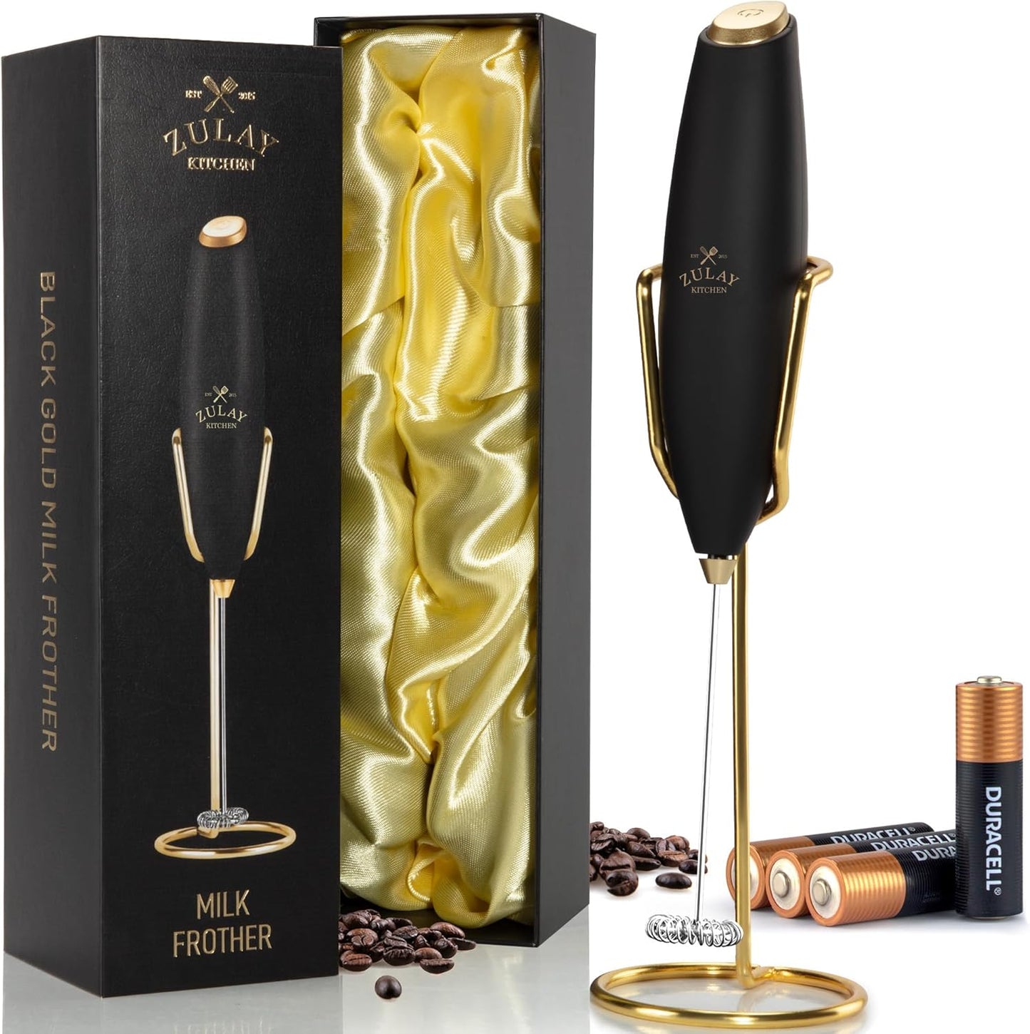 Zulay Kitchen Luxury Milk Frother - Handheld Electric Foam Maker with 4 Duracell Batteries | Perfect for Coffee, Lattes & Hot Chocolate