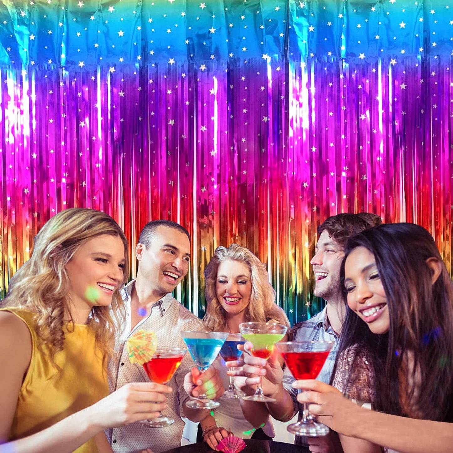 Rainbow Tinsel Foil Fringe Curtains - 2 Pack Metallic Streamers for Party Decor | 3.3x6.6ft Backdrop