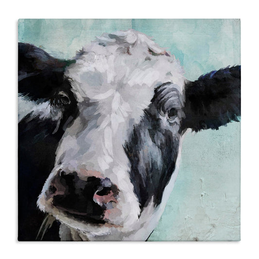 Stupell Industries Gentle Farm Cow Painting on Blue XL Stretched Canvas Wall Art, 30 x 1.5 x 30, Proudly Made in USA, Multi-Color