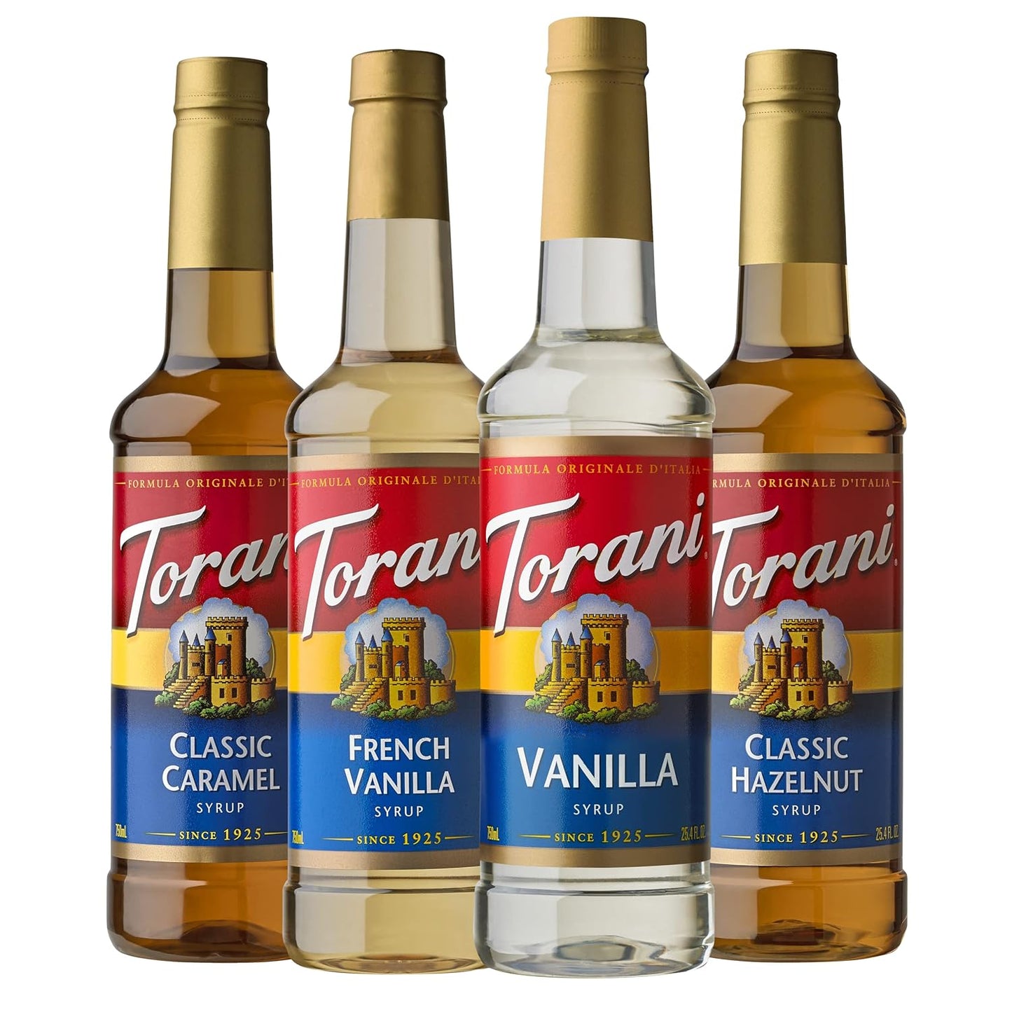 Torani Variety Pack | Caramel, French Vanilla, Vanilla & Hazelnut Syrups - 25.4 Ounces (Pack of 4)