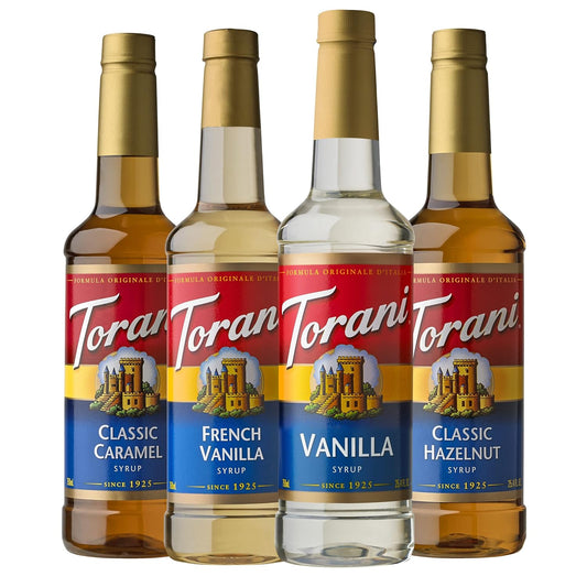 Torani Variety Pack | Caramel, French Vanilla, Vanilla & Hazelnut Syrups - 25.4 Ounces (Pack of 4)