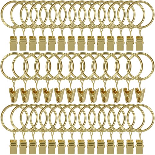 AMZSEVEN 40 Pack Curtain Rings with Clips, Drapery Clips with Rings, Drapes Rings 1.26 in Interior Diameter, Fits up to 1 in Curtain Rod, Gold Color