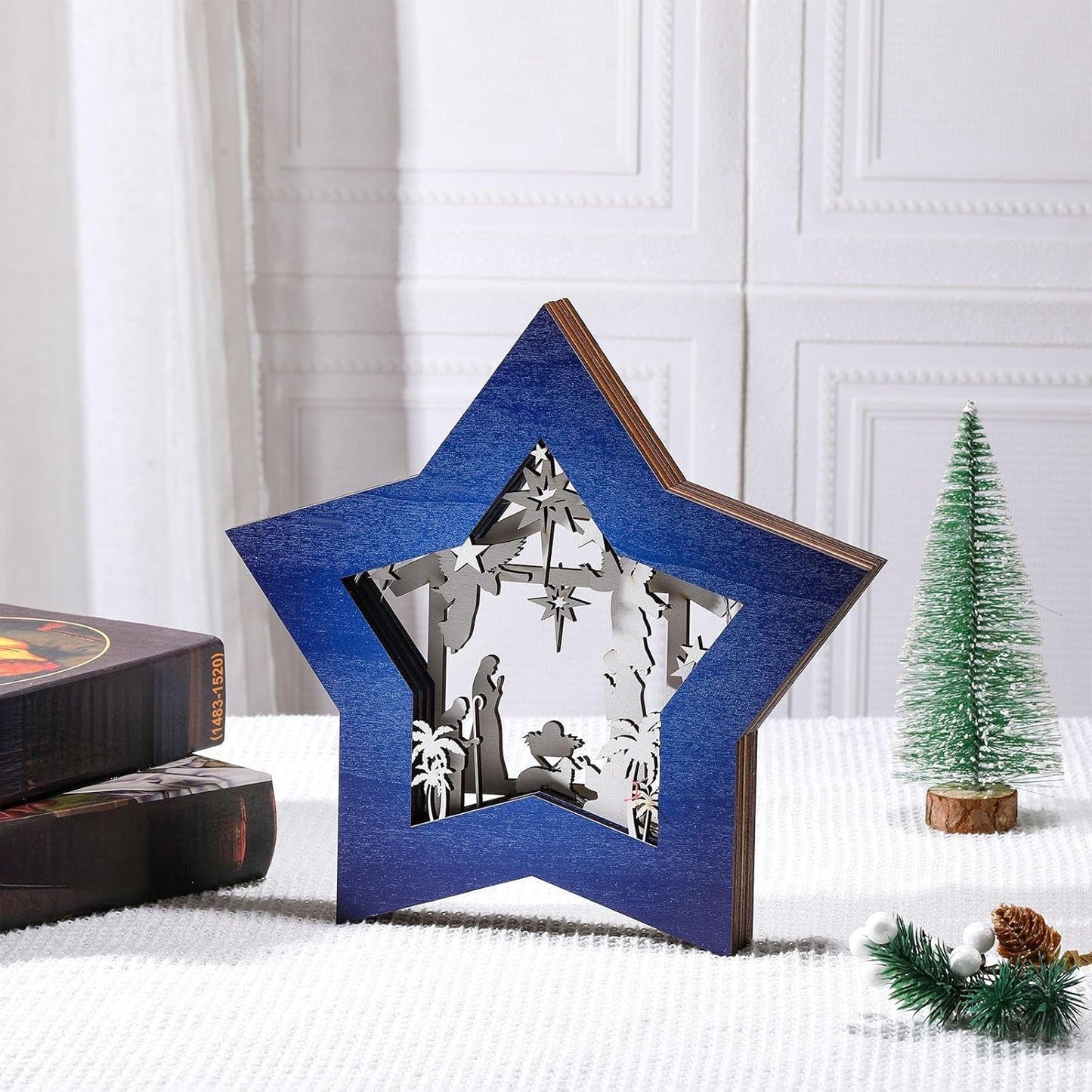 Wooden Nativity Scene Set - Rustic Christmas Tabletop Decoration with LED Light | Blue & White