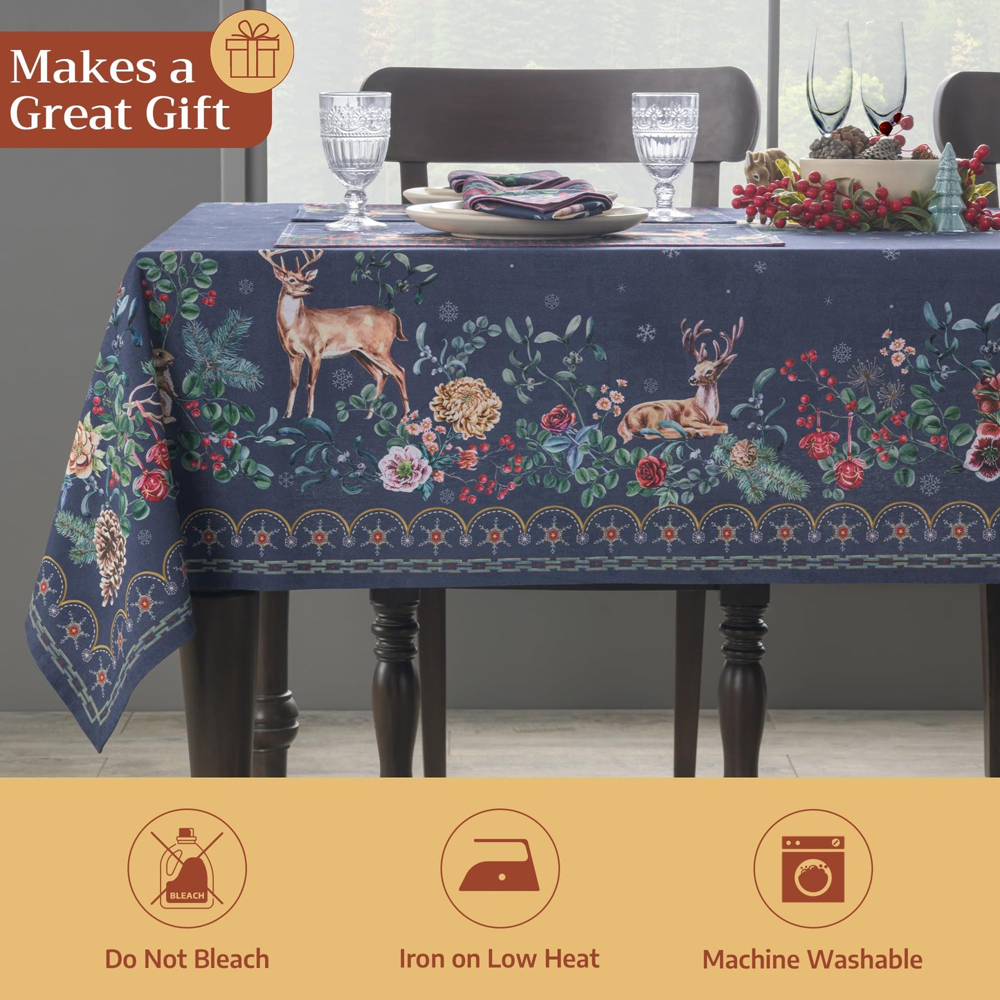 Maison d' Hermine Table Cloth Rectangle Table 100% Cotton 60 x 120 Inches Fall Tablecloth Reusable Everyday Use for Thanksgiving Christmas Decorations Dining Farmhouse Party (Christmas Joy)