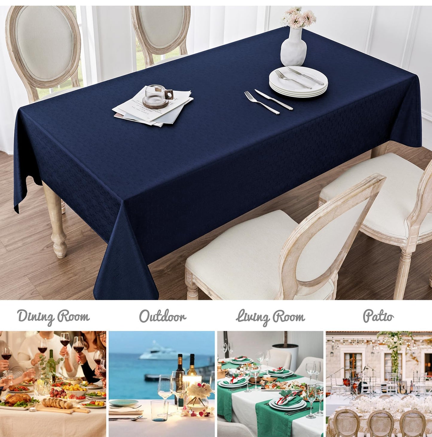 Veblandy 2 Pack Rectangle Tablecloth, 60x84 inch, Water Resistant Wrinkle Free Linen Textured Table Cloth Washable, Decorative Fabric Table Cover for Dining, Party and Camping, Navy Blue
