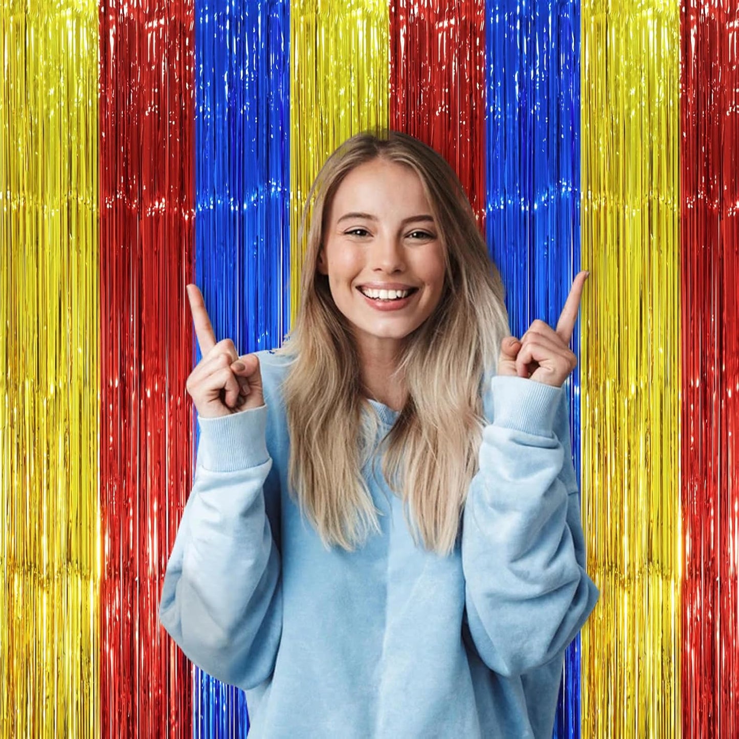 Voircoloria 3 Pack Tinsel Streamer Backdrop Curtains - Blue, Red & Gold Foil Fringe | 3.3 x 8.2 Ft Party Decorations
