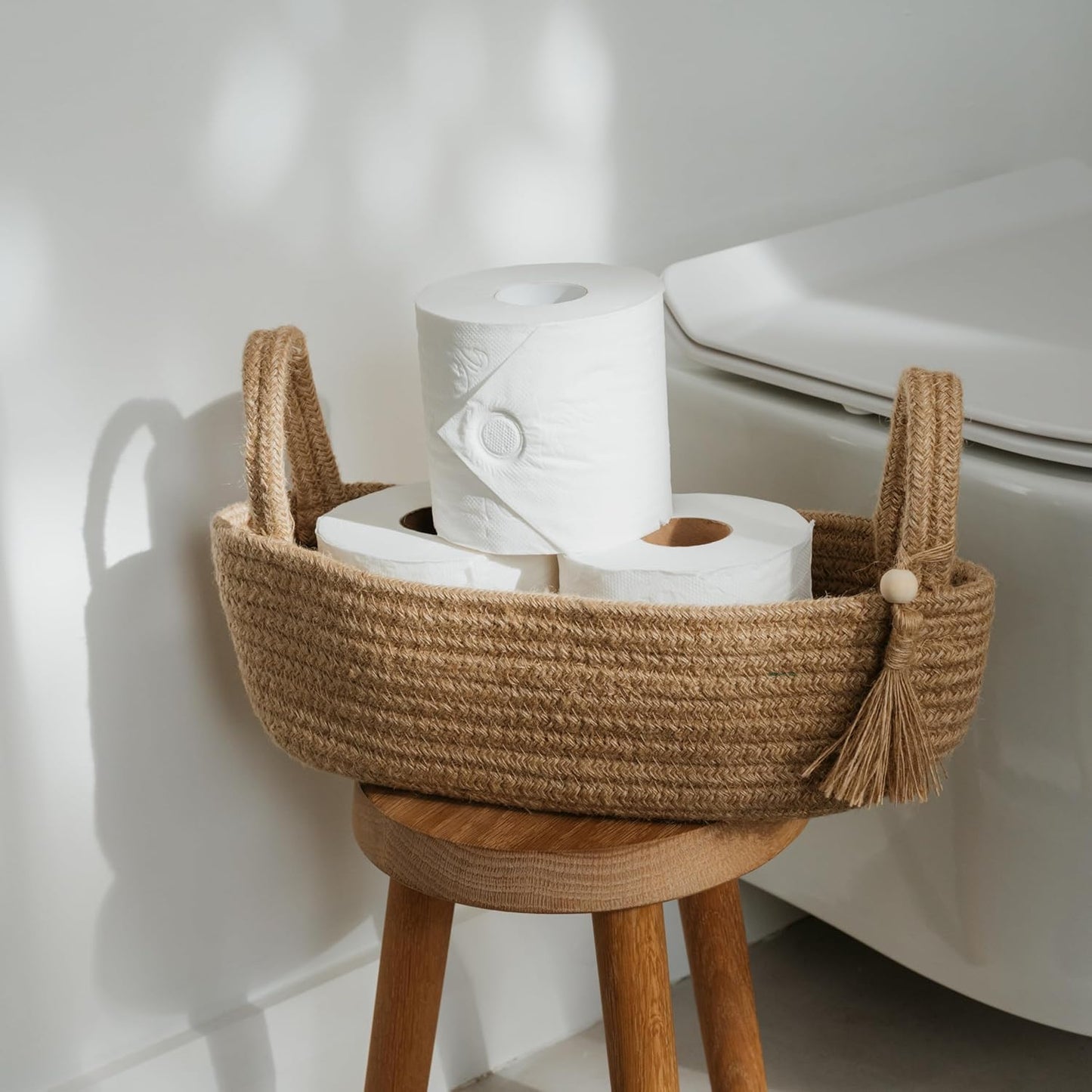 Skiennix Decorative Toilet Paper Basket - Stylish Bathroom Organizer for Toilet Tank Storage | Boho Jute Cotton Rope with Tassel