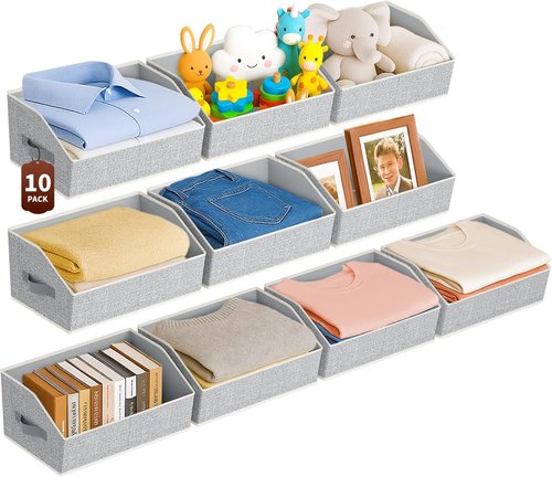 Homsorout Large Storage Bins - 10 Pack Foldable Trapezoid Fabric Baskets with Handles | Beige