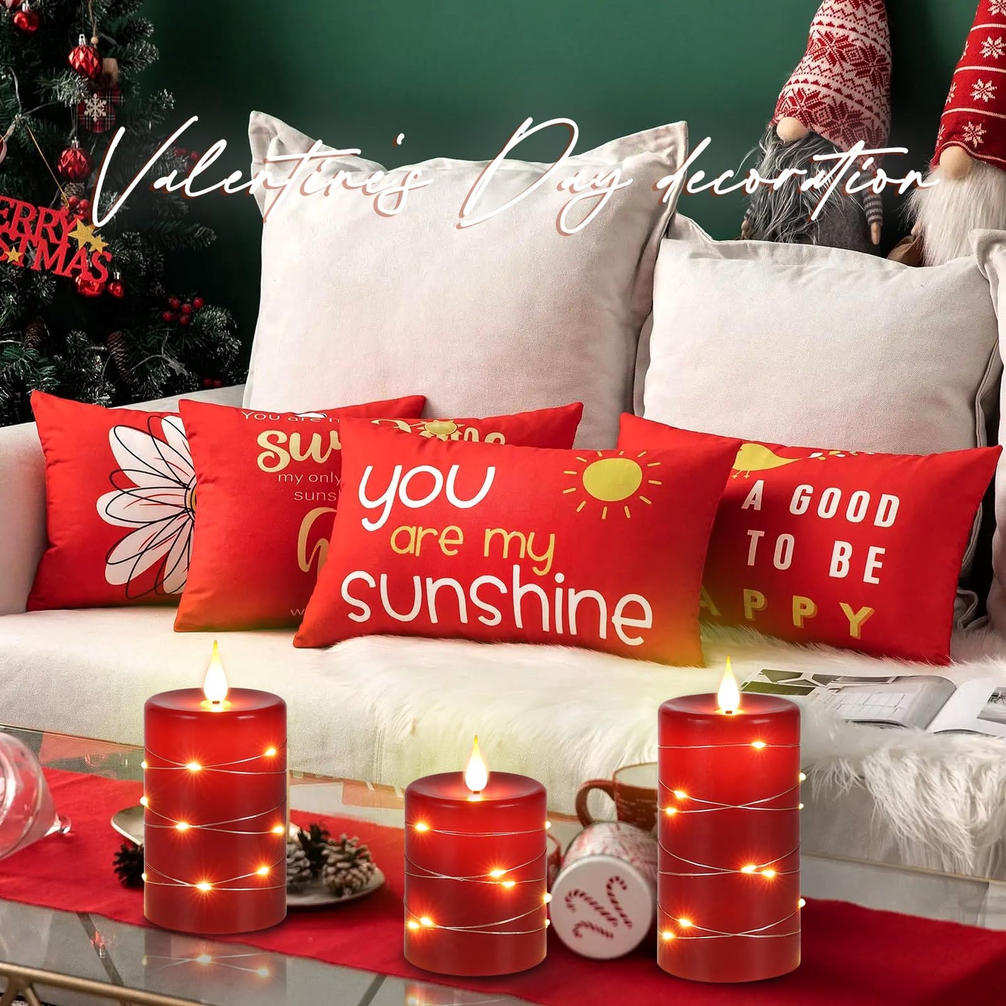 Upinmz Red Flameless Candle with Remote Control and Timer,Flickering Battery Operated Candles with String Lights,LED Pillar Candles,Set of 3