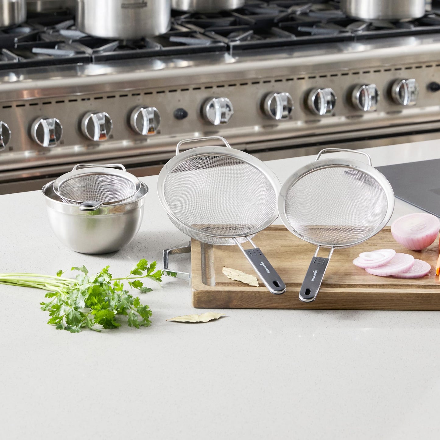 Restaurantware Fine Mesh Strainer Set of 3 Different Sizes with Silicone Handle Stainless Steel Extra Fine Mesh Strainer Heat-Resistant Handle Dishwasher-Safe for Rice, Quinoa, Pasta