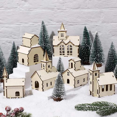 Hiboom 24 Pcs DIY Christmas Village Set - Rustic Wooden Church & Mini Houses for Holiday Decor