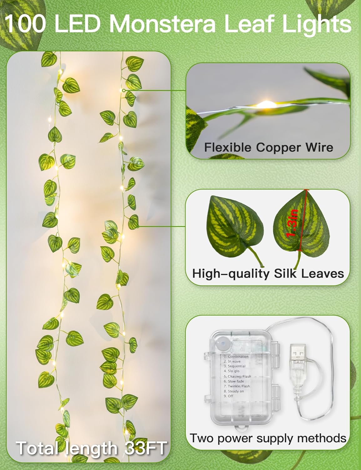 Suddus Vines with Fairy Lights - 33ft 100 LED Watermelon Leaves String Lights | Battery & USB Powered, Remote Control for Indoor Decor