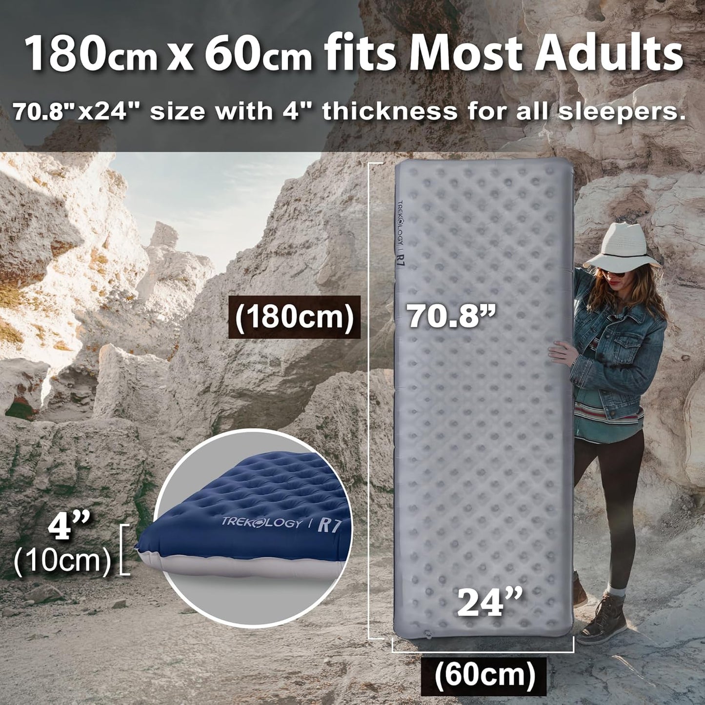 TrekoLOGY Camping Sleeping Pad - Ultra-Lightweight 4" Thick Mat with 7.2 R-Value | Waterproof & Durable for All Seasons
