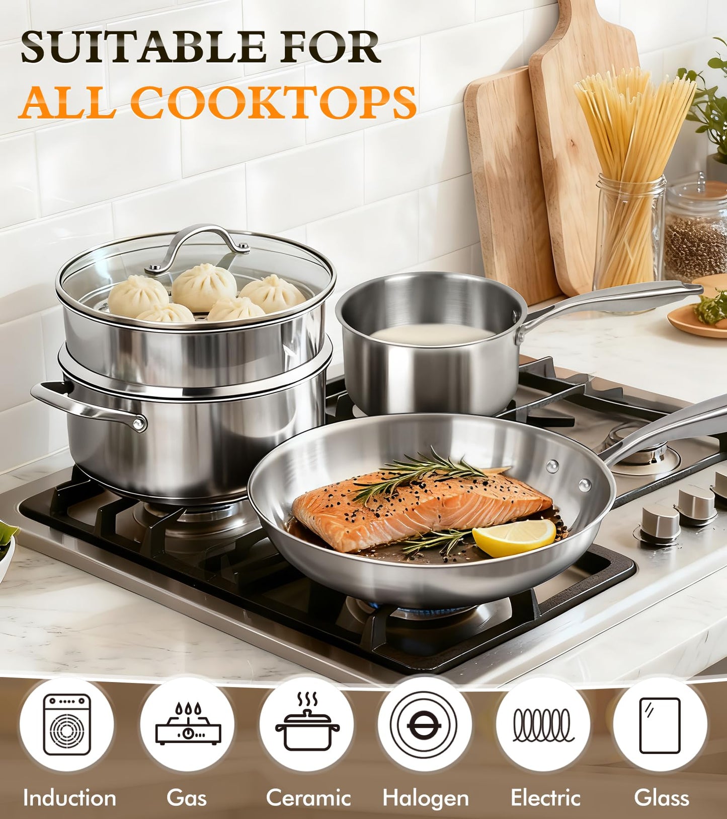 16-Piece Pots and Pans Set, Tri-Ply Stainless Steel Cookware Set with Lids, Non-toxic Kitchen Cooking Set, Dishwasher-Friendly, Induction-Ready, Even Heating, Heavy Duty, Compatible with All Cooktops
