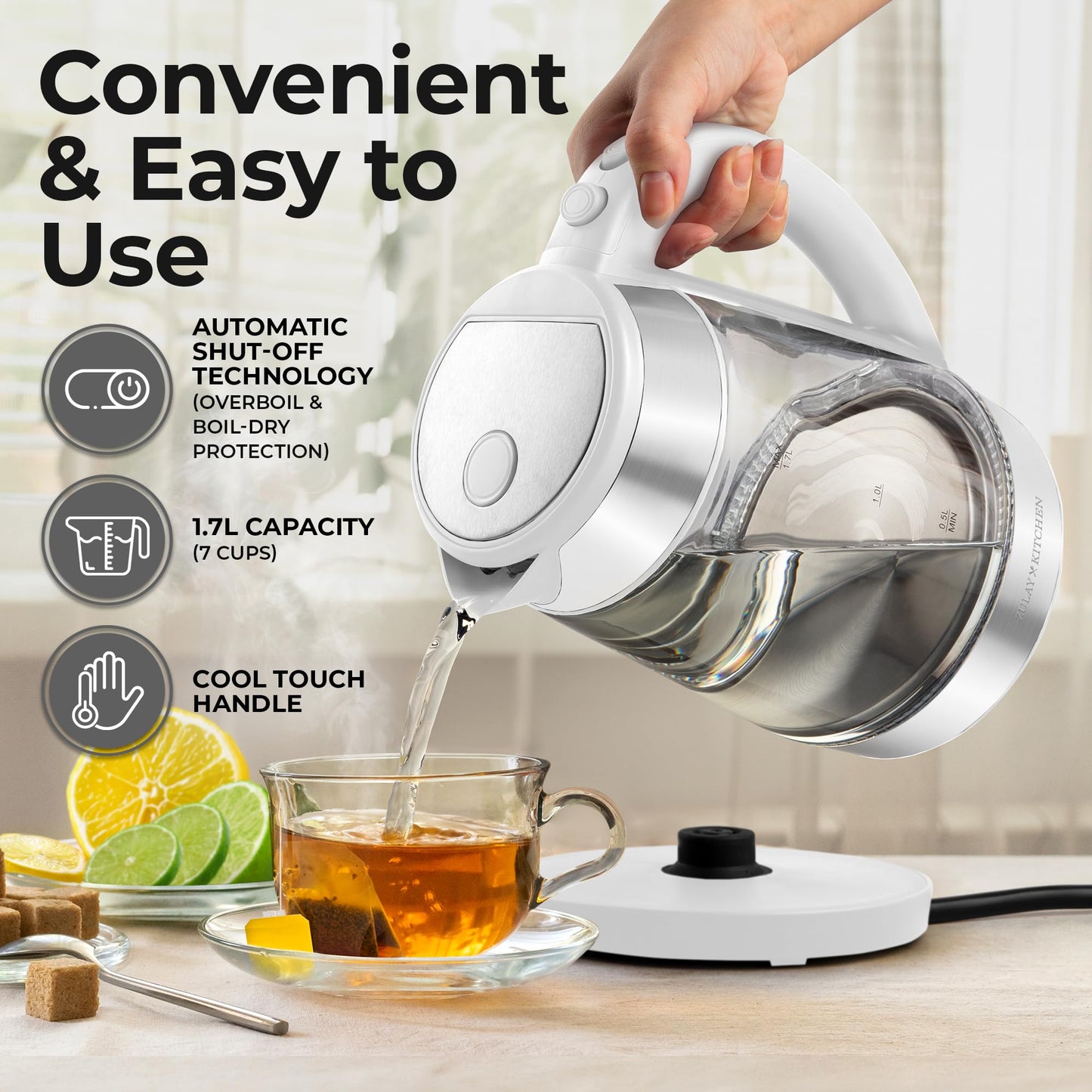 Zulay Kitchen Fast Boiling Electric Water Kettle - 1.7L, 1500W, Auto Shut-Off for Overboil & Boil Dry Protection, Cool-Touch Handle, 360° Base - Rapid Teapot Boiler For Coffee & Tea - White