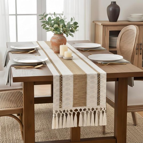 FEXIA Boho Table Runner with Tassels 12x90 Inches for Home Decor Farmhouse Rustic Macrame Burlap Table Decoration for Pottery Barn Furniture, Living Room and Dining Room