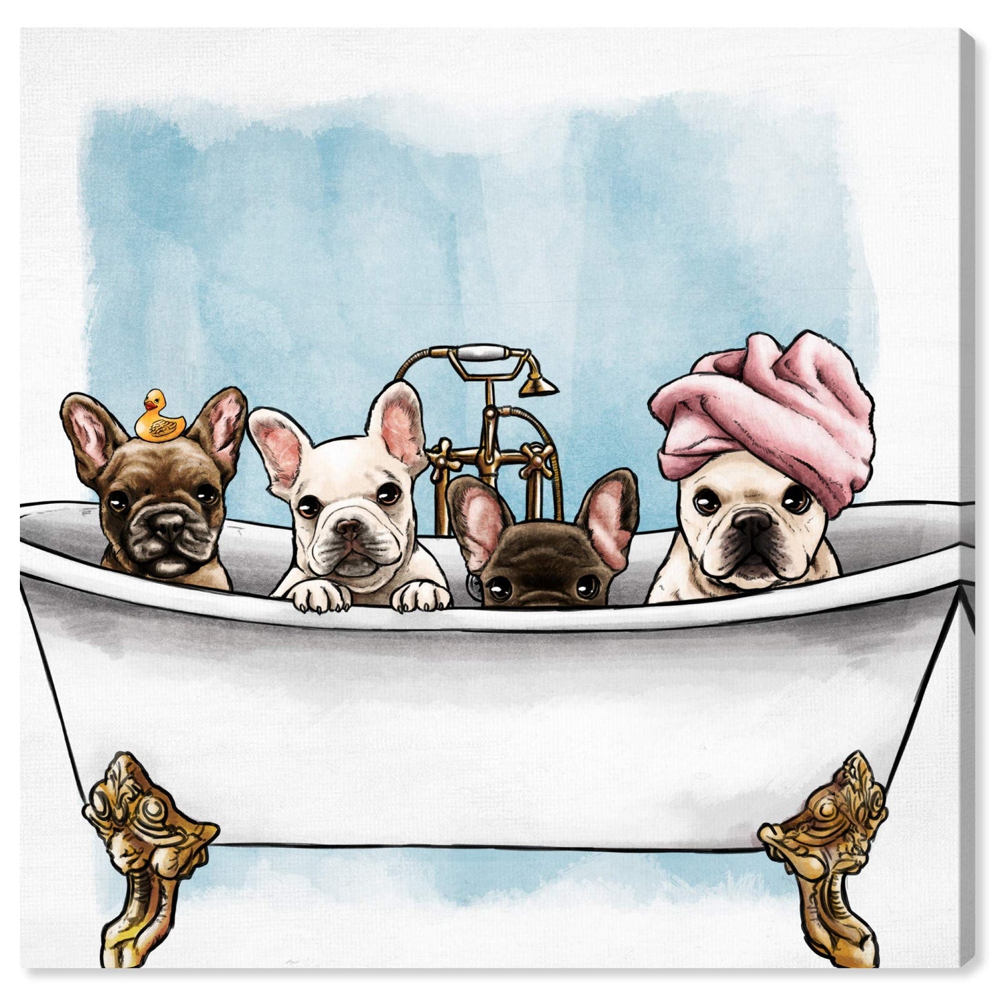 Oliver Gal Animals Modern Canvas Wall Art Frenchies In The Tub Ready to Hang Home Decor 12.0 x 12.0 White and Blue Canvas Art for Bath