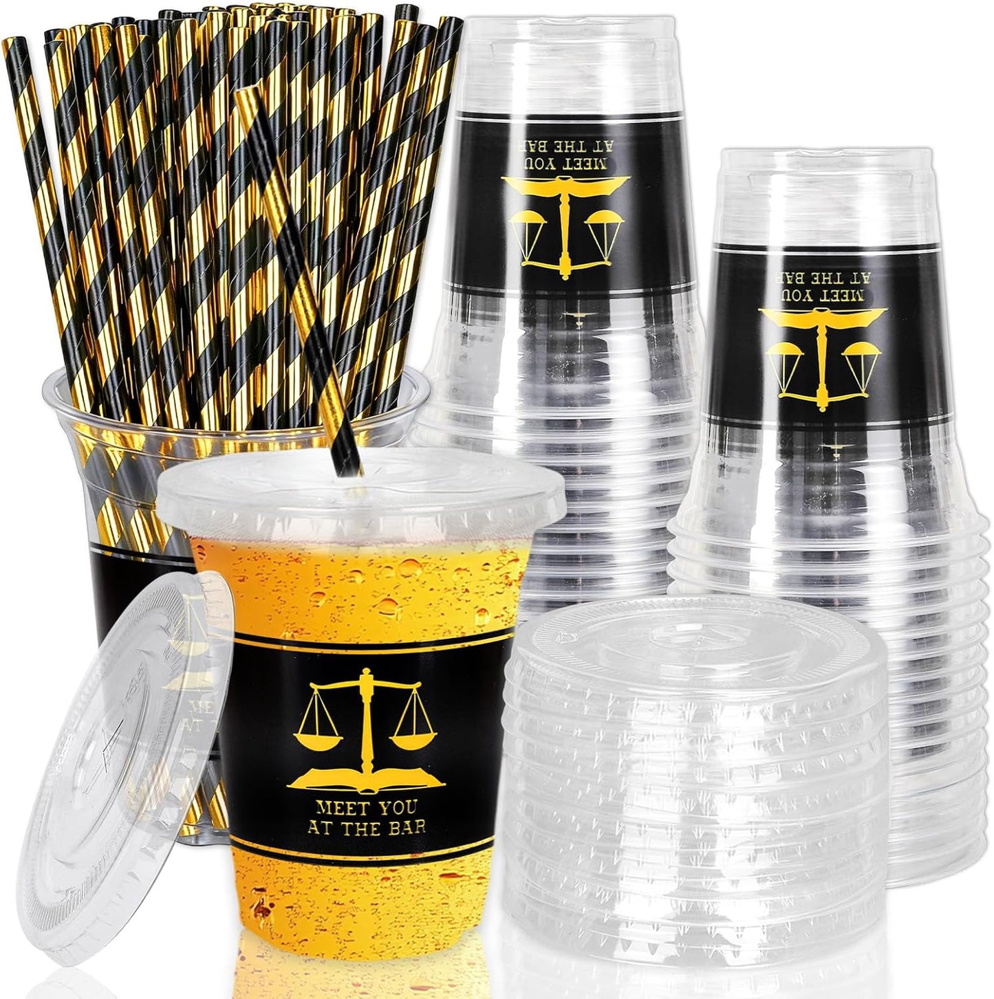 Whaline 50Pcs 12Oz Law School Graduation Cups - Disposable Plastic with Lids & Straws | Congrats Grad Party Supplies
