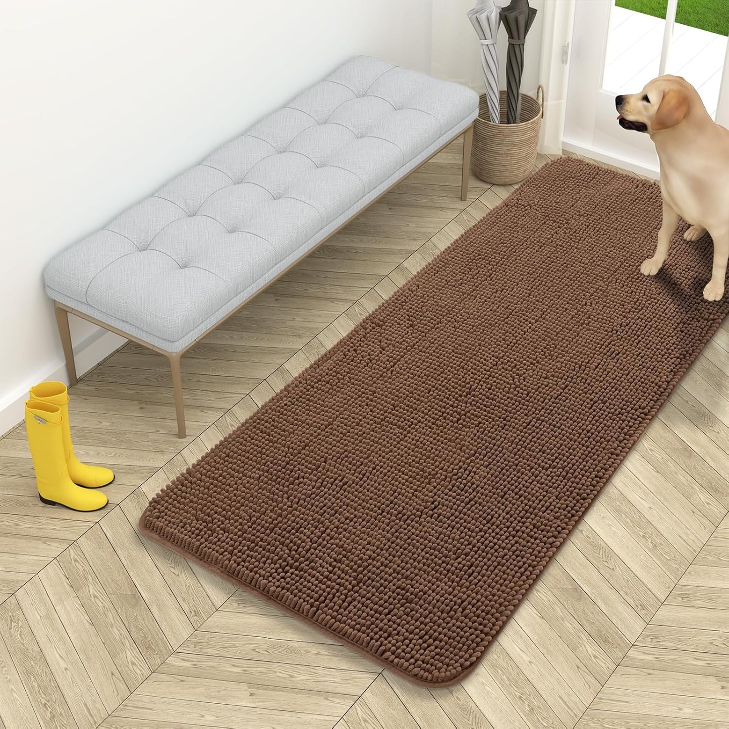 OLANLY Dog Door Mat - Absorbent Non-Slip Chenille Mat for Muddy Paws | 54x24 Mocha Color