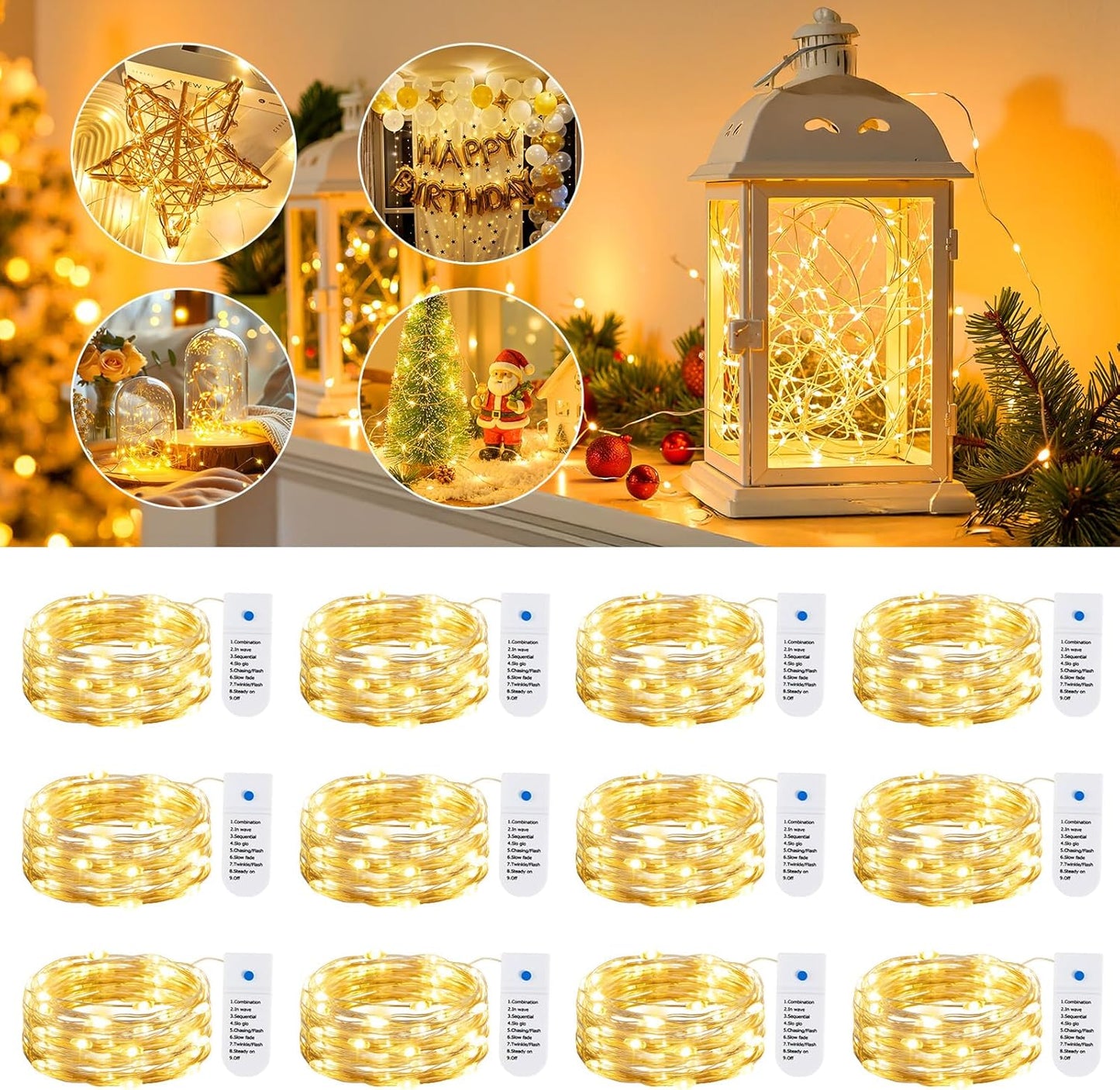 Minetom 12 Pack Fairy Lights - Battery Operated 20 LED Twinkle Lights | 7ft Warm White Waterproof Silver Wire for Mason Jars & Parties