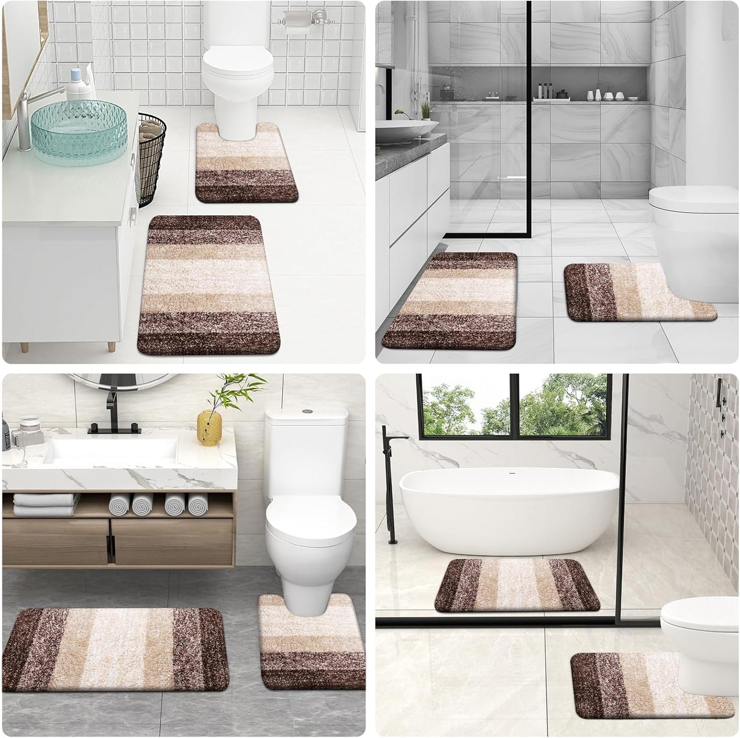 OLANLY Bathroom Rug Set - Soft Absorbent Microfiber Mats & U-Shaped Contour Rug | Non-Slip, Plush Shaggy, Brown (24"x16" + 24"x20")