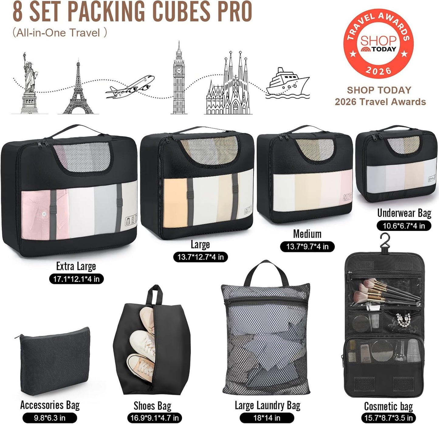 Veken Packing Cubes Set - Travel Organizer Bags with Laundry & Toiletry Bag | 10-Piece Set in 4 Sizes